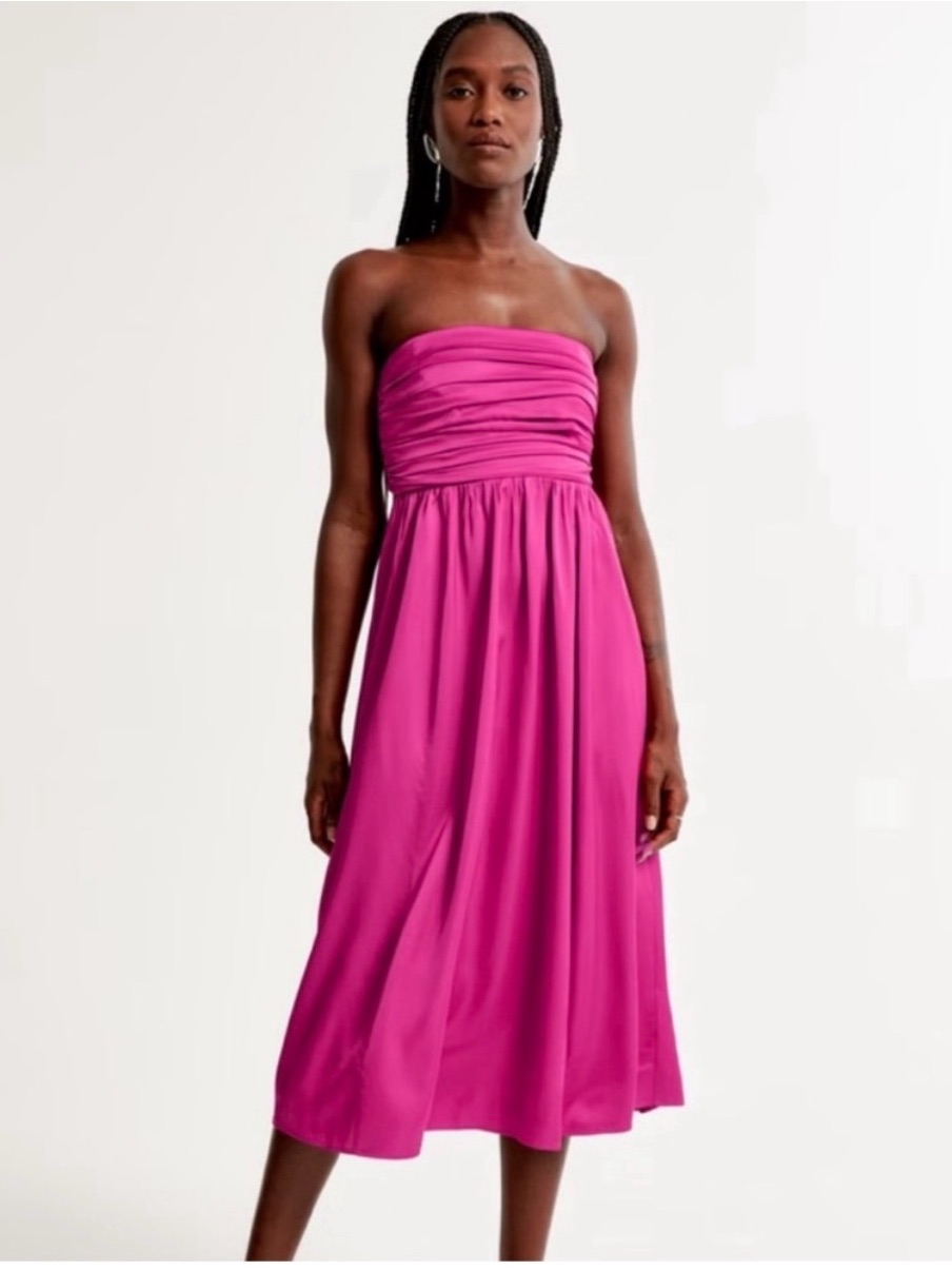 Nwt Abercrombie & Fitch Emerson Satin Ruched Strapless Midi Dress Pink Xs